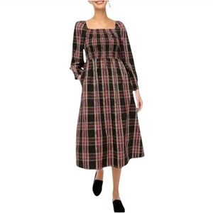 New J.Crew Tartan Plaid Long Sleeve Smocked Square Neck Pockets Midi Dress